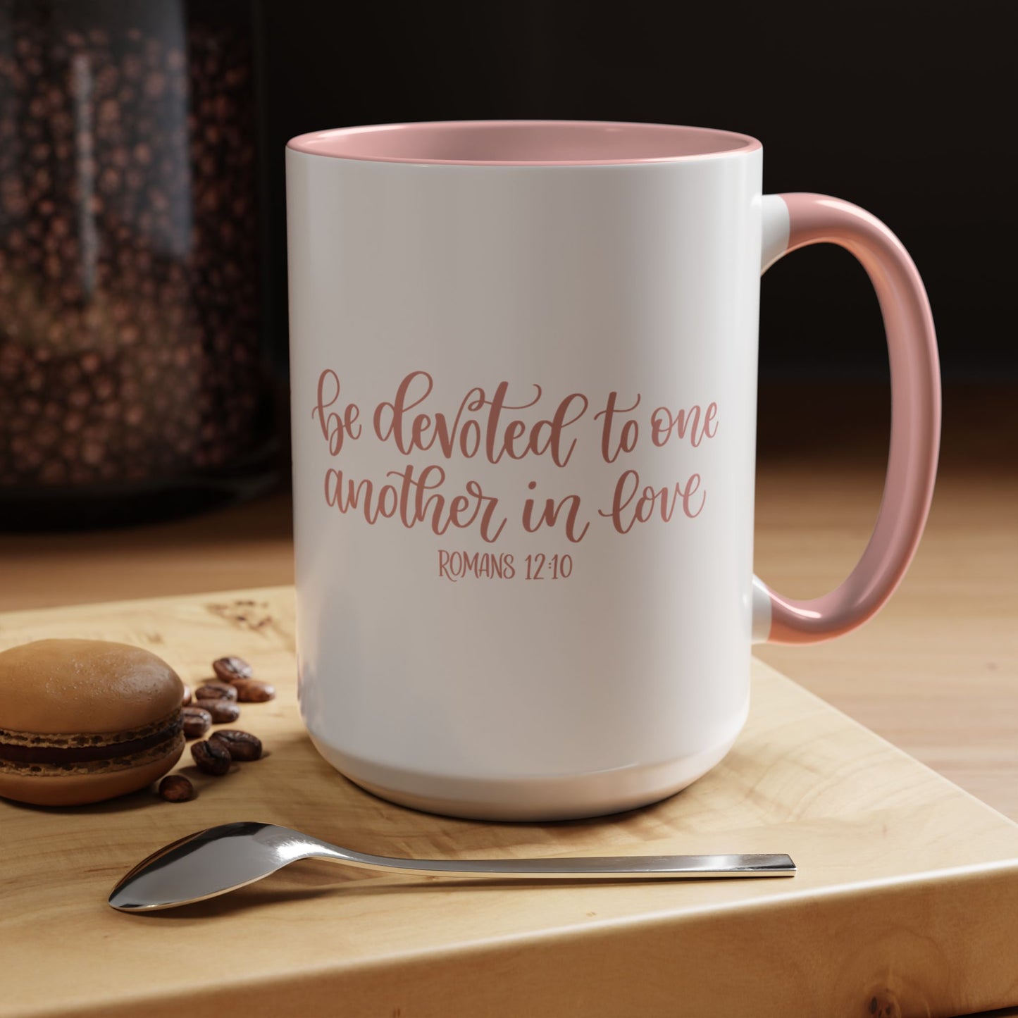 Romans 12:10 Coffee Mug, "Be Devoted to One Another in Love" Script Christian Valentine Gift