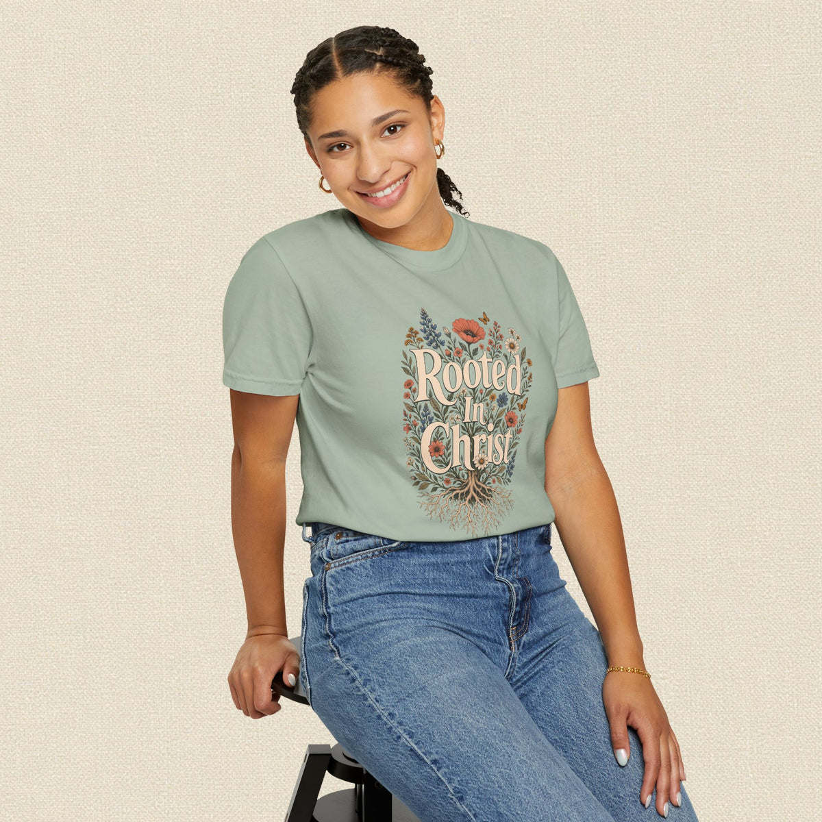 Rooted in Christ | Christian T-Shirt for Women | Colossians 2:7