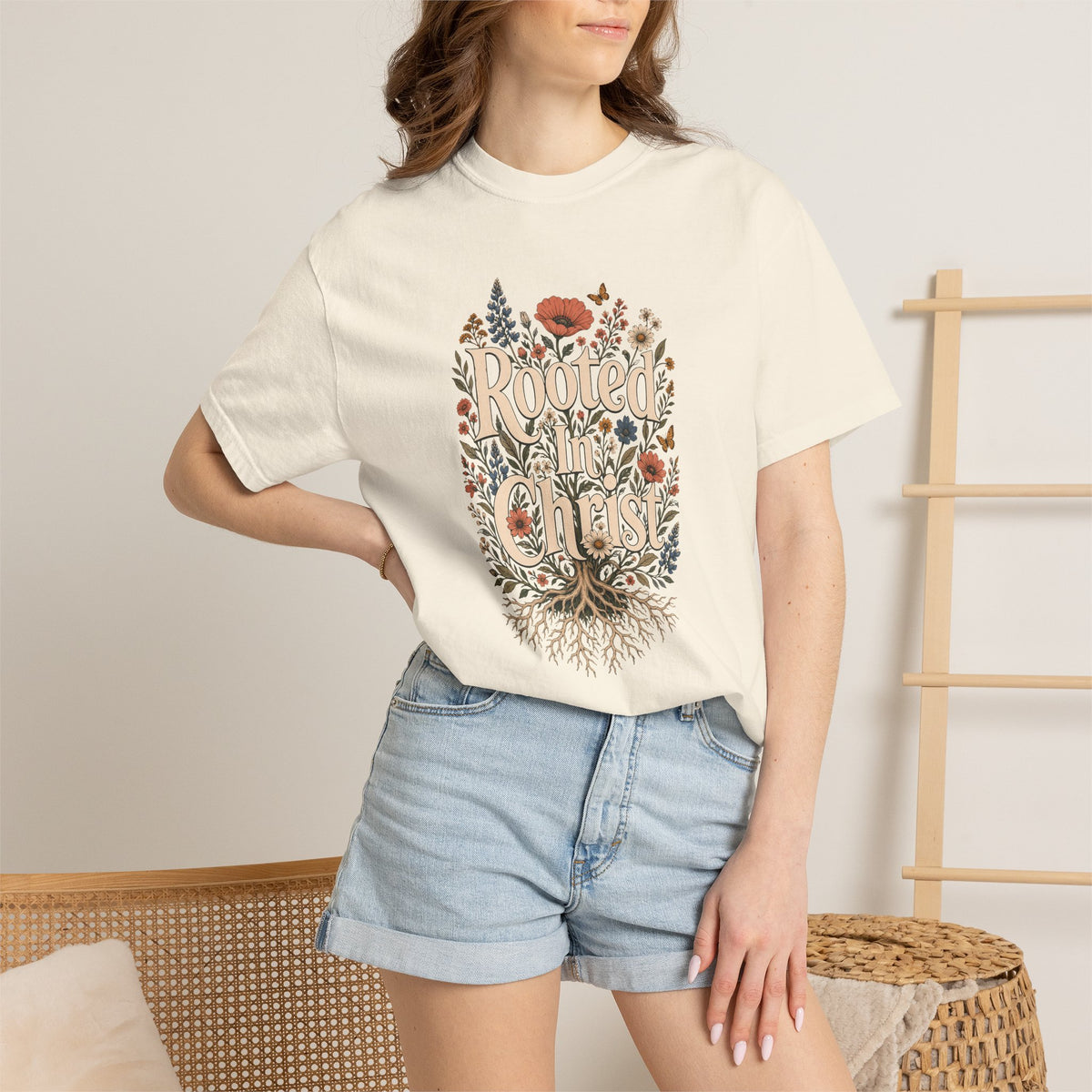 Rooted in Christ | Christian T-Shirt for Women | Colossians 2:7