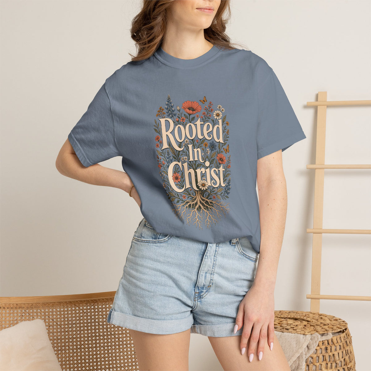 Rooted in Christ | Christian T-Shirt for Women | Colossians 2:7