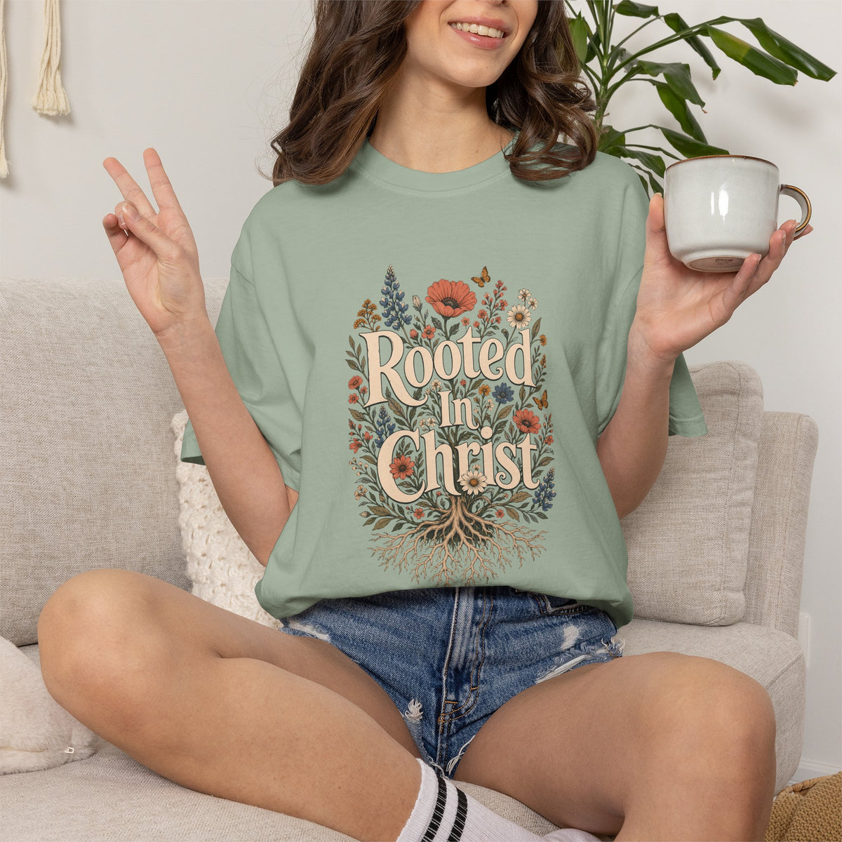 Rooted in Christ | Christian T-Shirt for Women | Colossians 2:7