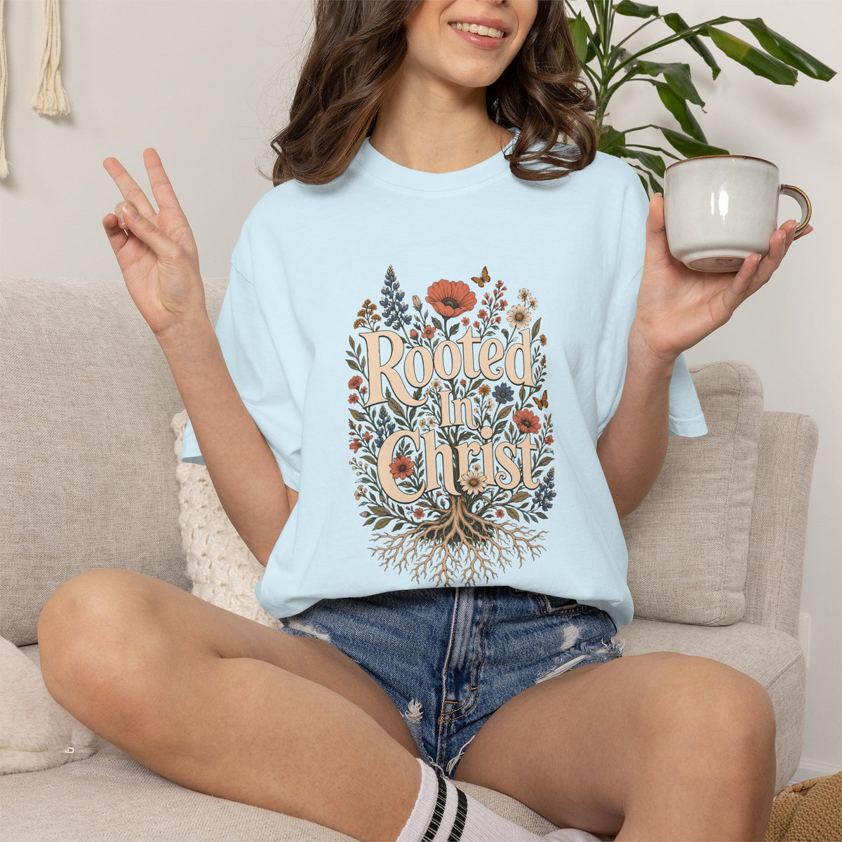 Rooted in Christ | Christian T-Shirt for Women | Colossians 2:7