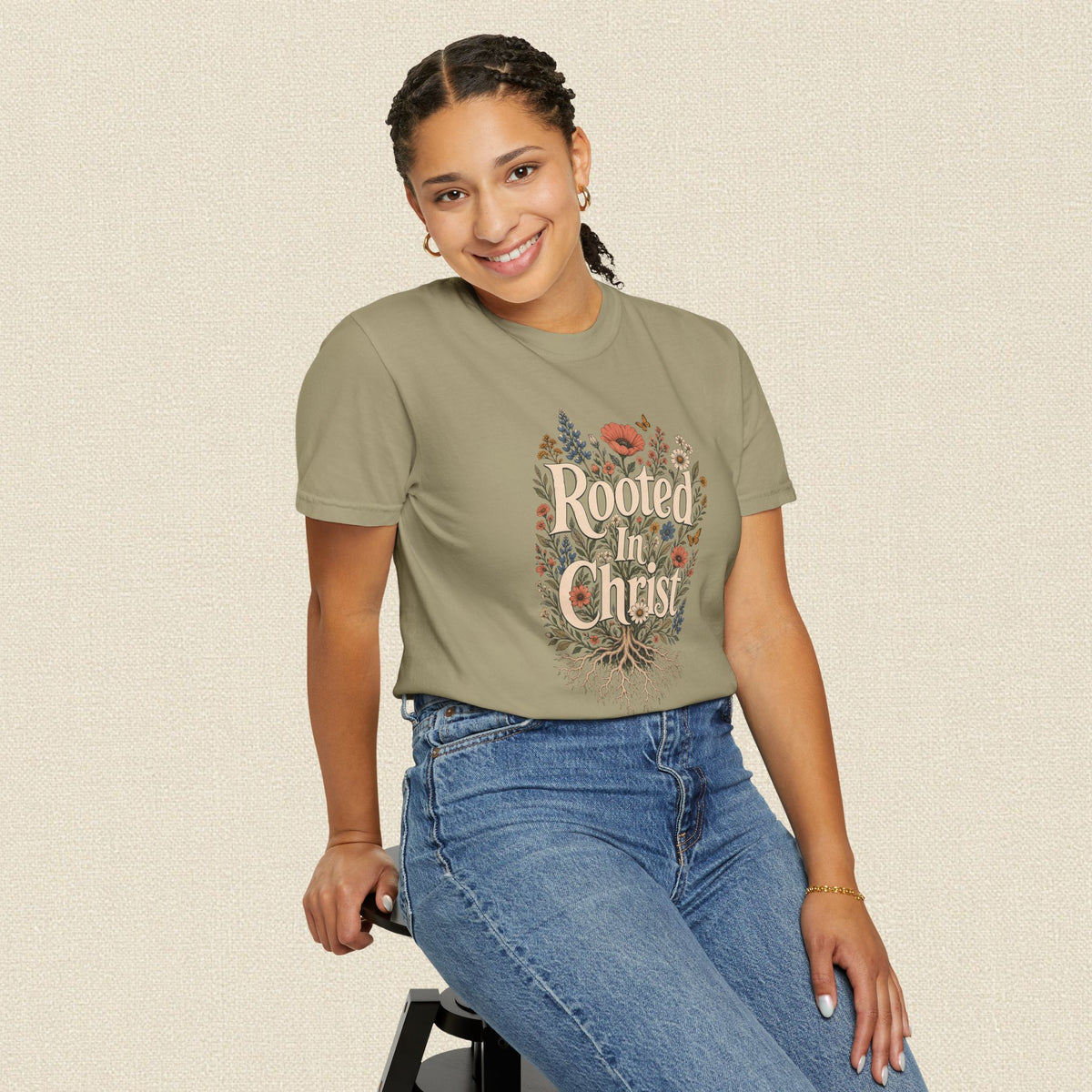 Rooted in Christ | Christian T-Shirt for Women | Colossians 2:7
