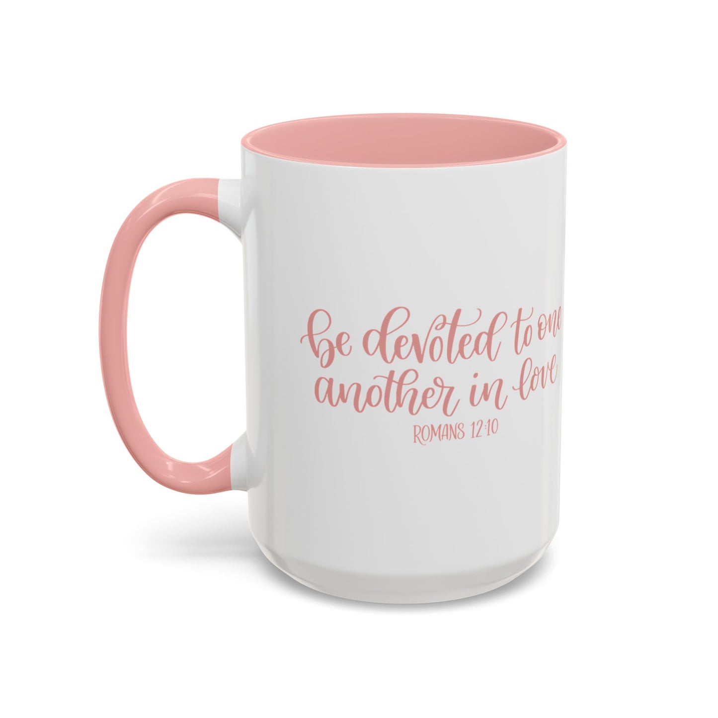 Romans 12:10 Coffee Mug, "Be Devoted to One Another in Love" Script Christian Valentine Gift