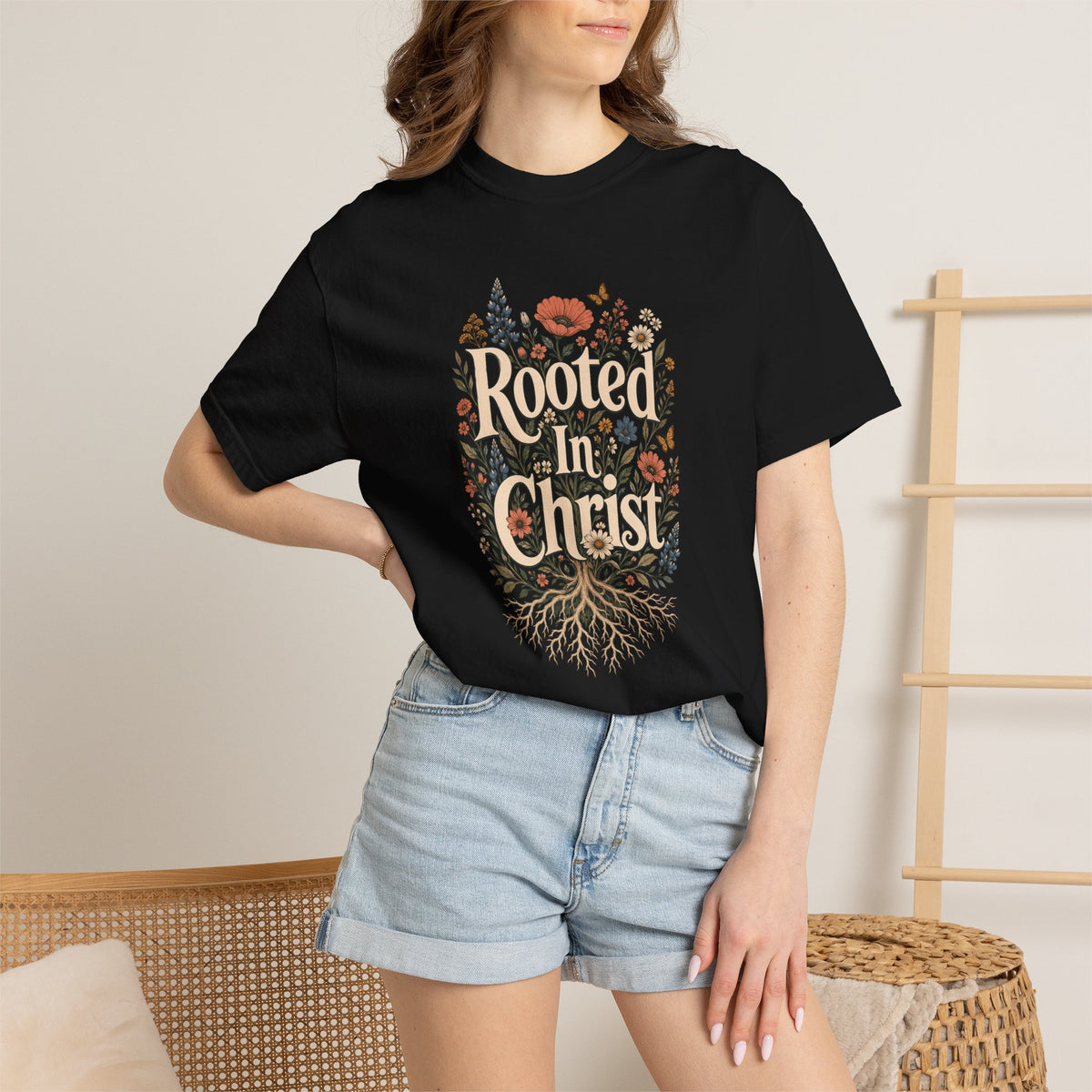Rooted in Christ | Christian T-Shirt for Women | Colossians 2:7