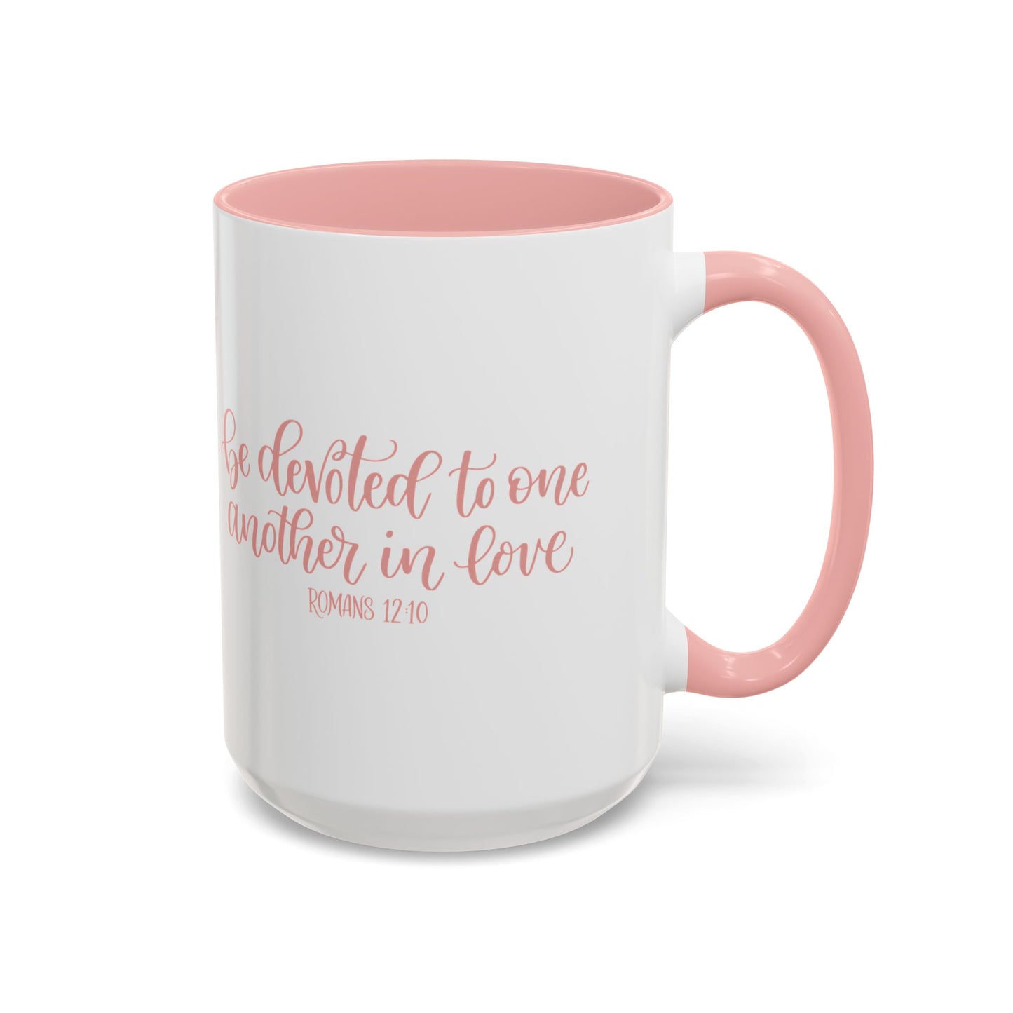 Romans 12:10 Coffee Mug, "Be Devoted to One Another in Love" Script Christian Valentine Gift
