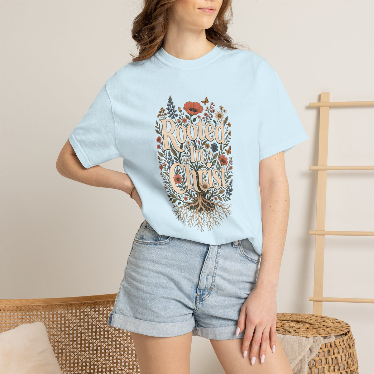 Rooted in Christ | Christian T-Shirt for Women | Colossians 2:7