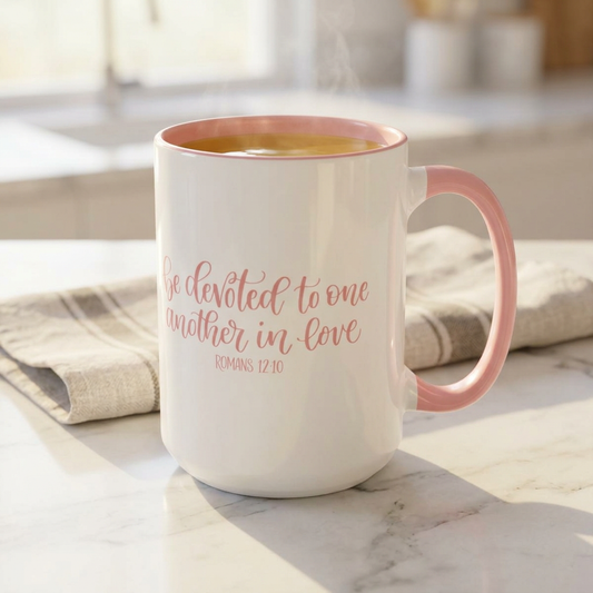 Romans 12:10 Coffee Mug, "Be Devoted to One Another in Love" Script Christian Valentine Gift