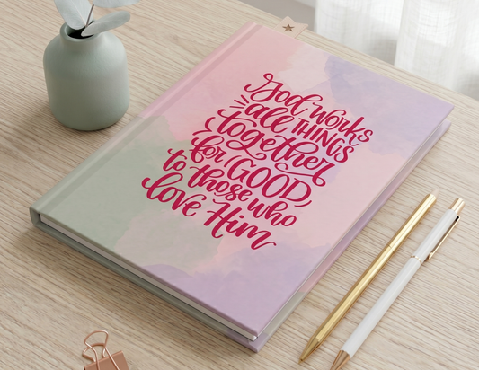 Romans 8:28 Hardcover Journal, "God Works All Things Together for Good" Christian Inspiration Notebook