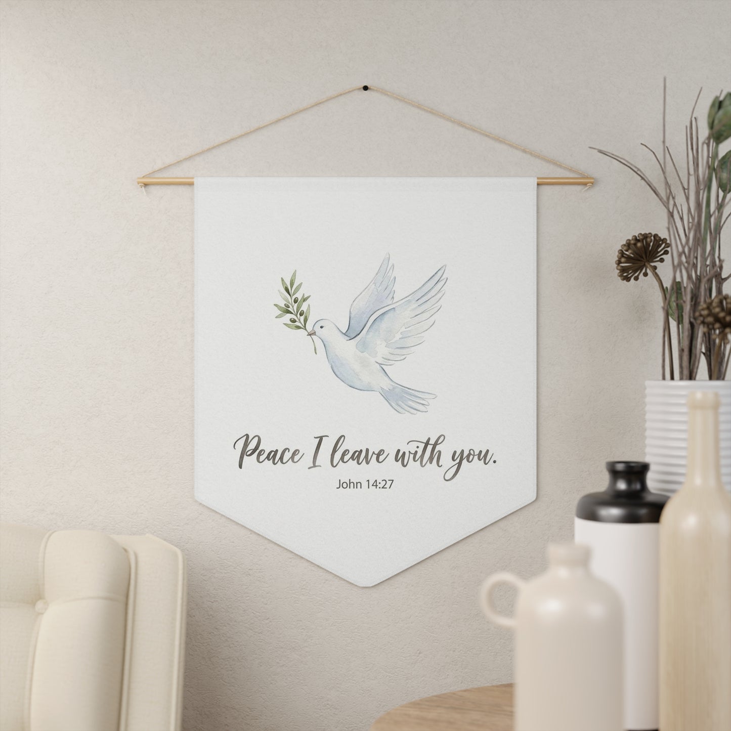 John 14:27 Wall Banner, "Peace I Leave With You" Pennant, Dove & Olive Branch