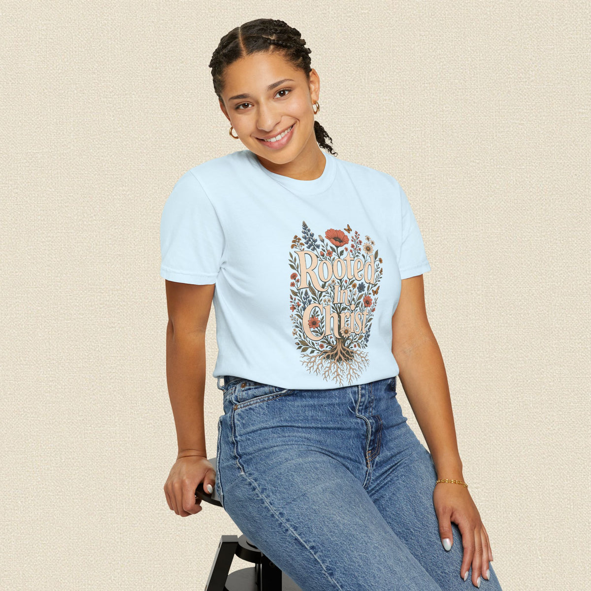 Rooted in Christ | Christian T-Shirt for Women | Colossians 2:7