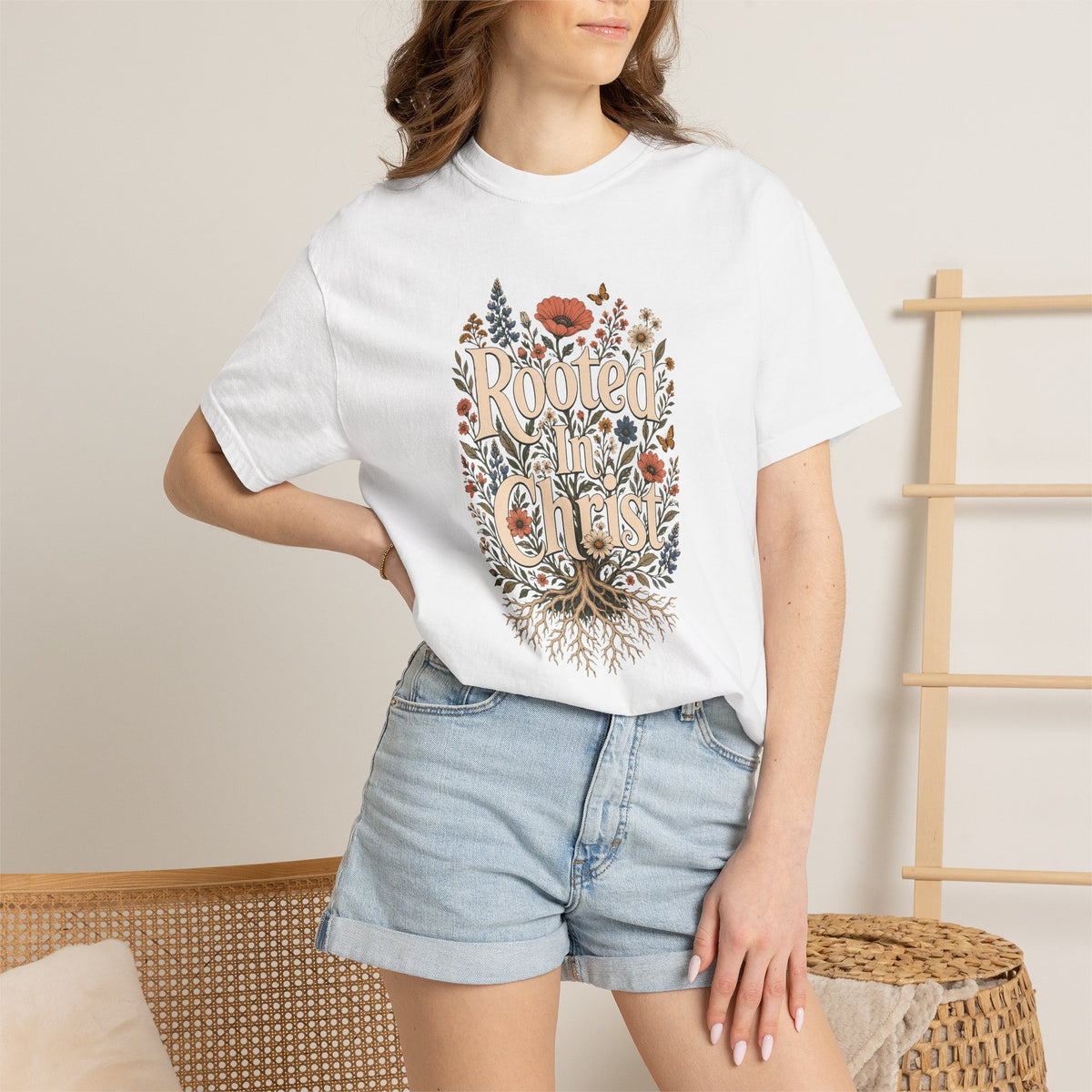 Rooted in Christ | Christian T-Shirt for Women | Colossians 2:7