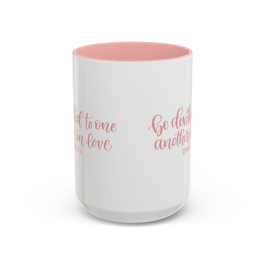 Romans 12:10 Coffee Mug, "Be Devoted to One Another in Love" Script Christian Valentine Gift