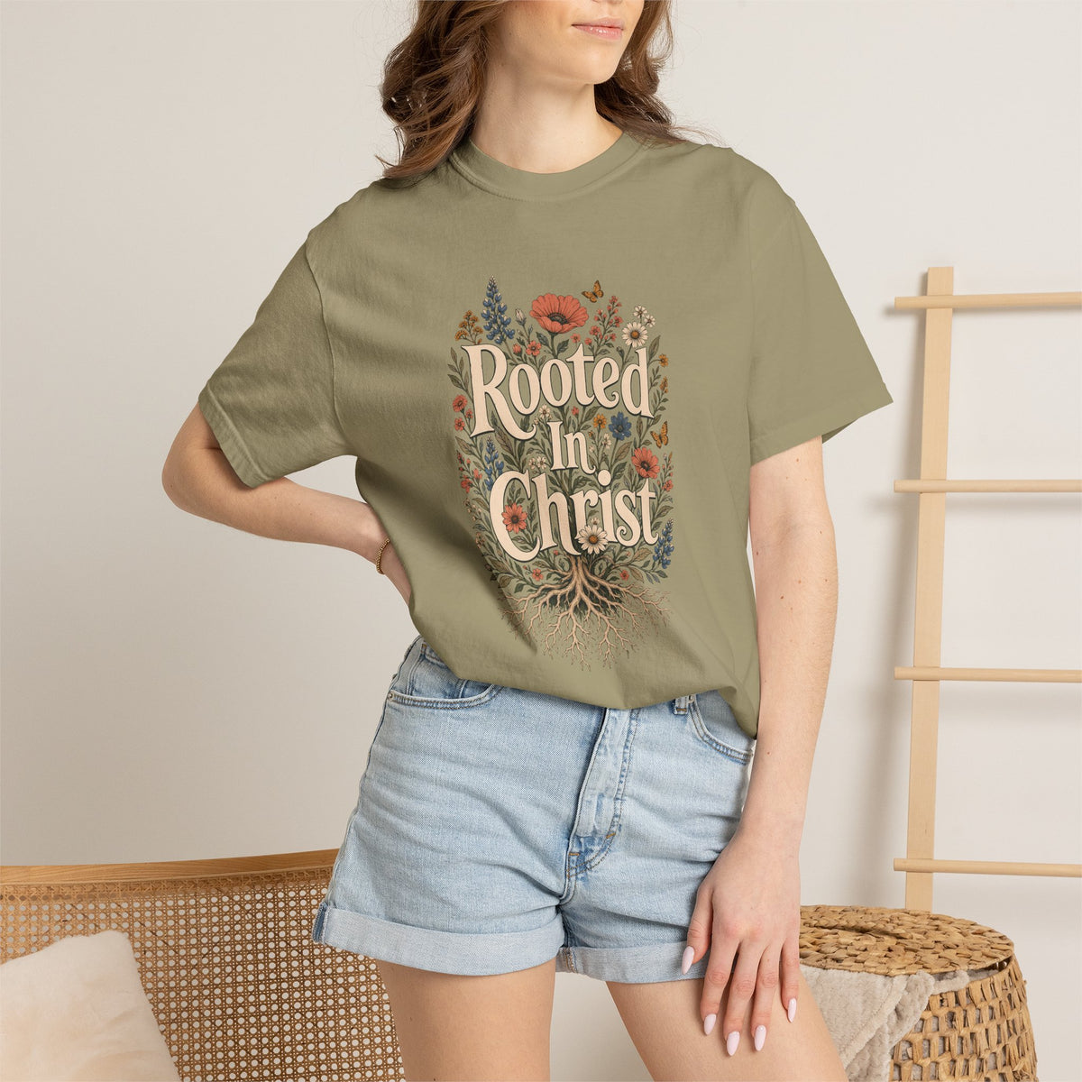 Rooted in Christ | Christian T-Shirt for Women | Colossians 2:7