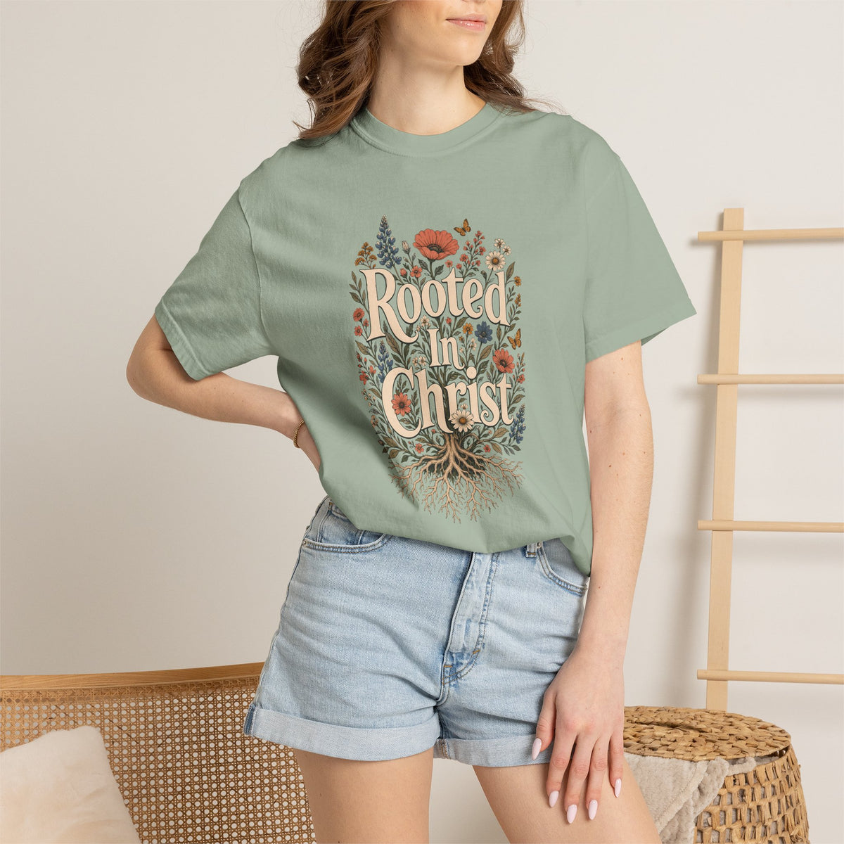 Rooted in Christ | Christian T-Shirt for Women | Colossians 2:7